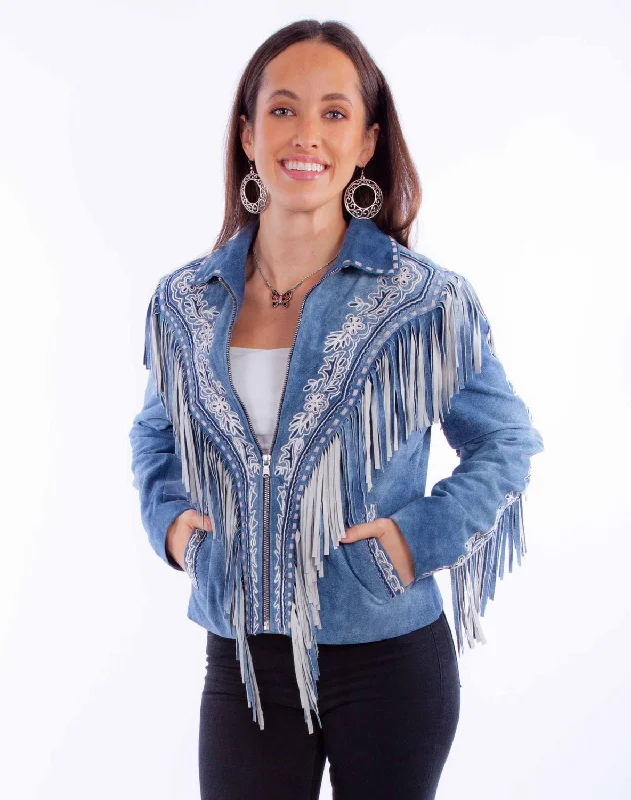 Women's Comfortable Garments Scully Womens Fringe Zip Front Blue Leather Leather Jacket M