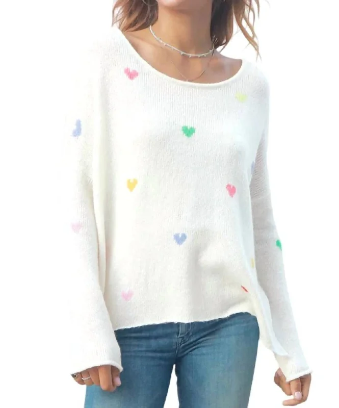 Women's Travel Outfit Set Rainbow Hearts Crew Lightweight Sweater In Pure Snow/multi