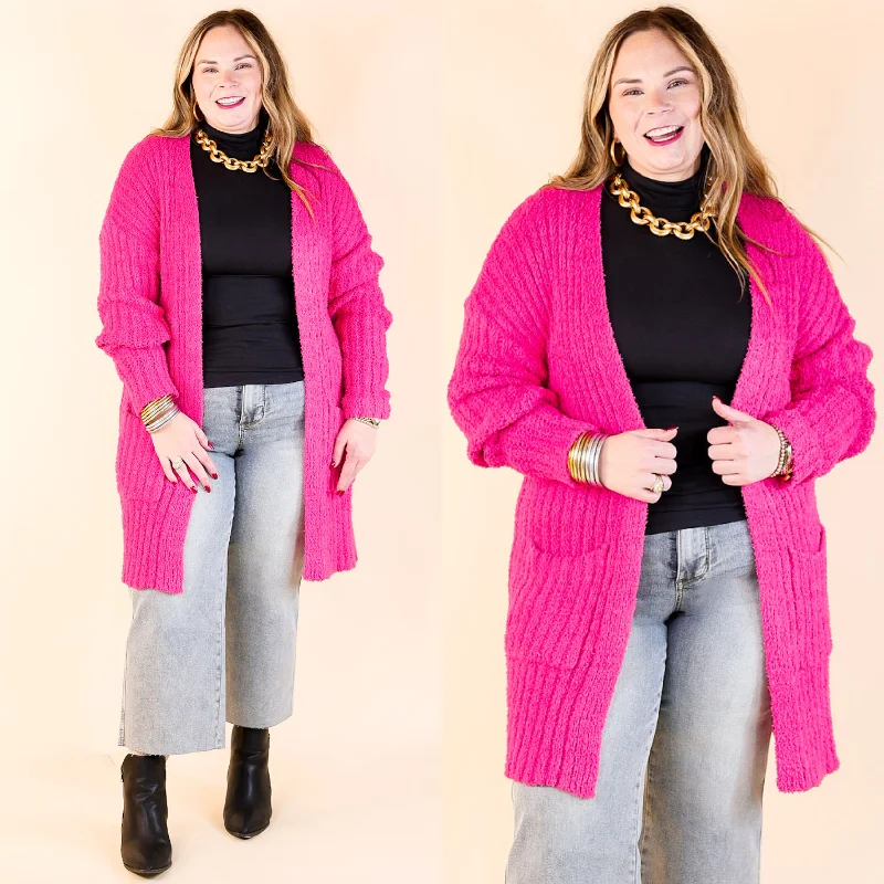 Women's Vacation Attire Cold Brew And Cuddles Long Sleeve Cardigan with Pockets in Hot Pink