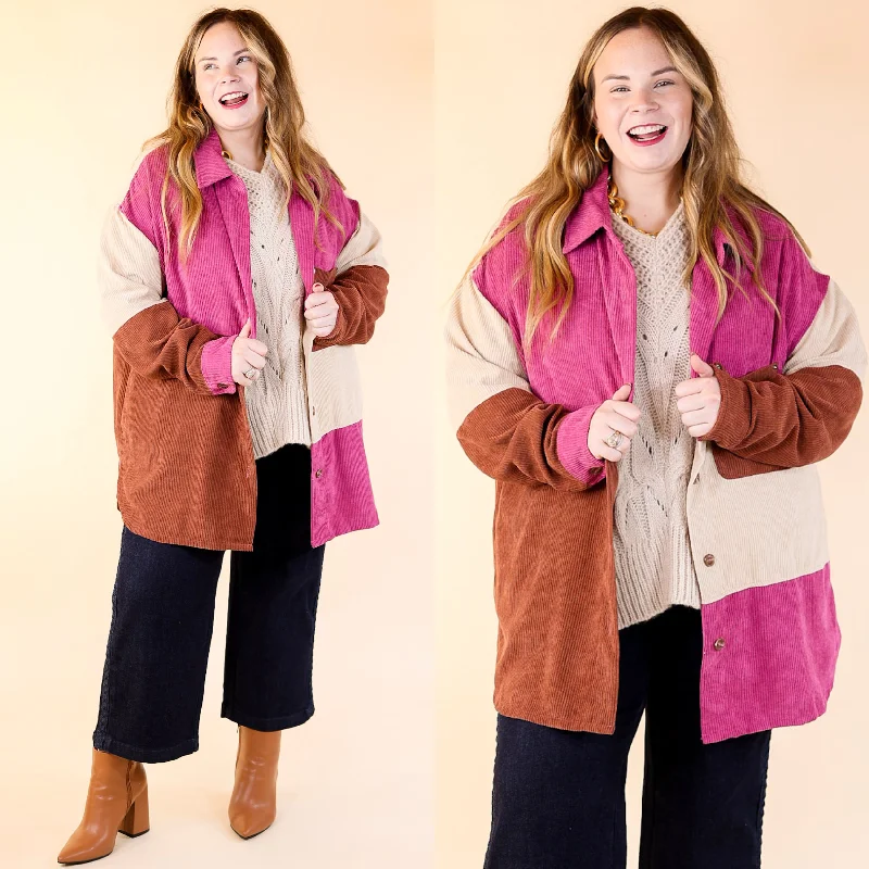 Women's Clothing For Everyday Wear Casual Cuddles Color Block Corduroy Shacket in Magenta Mix