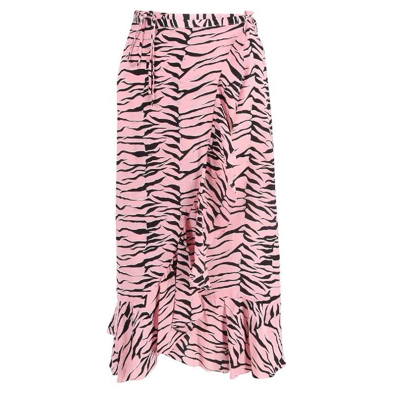 Stylish Women's Clothes for Work and Play Rixo Gracie Ruffled Printed Wrap Skirt in Pink Silk