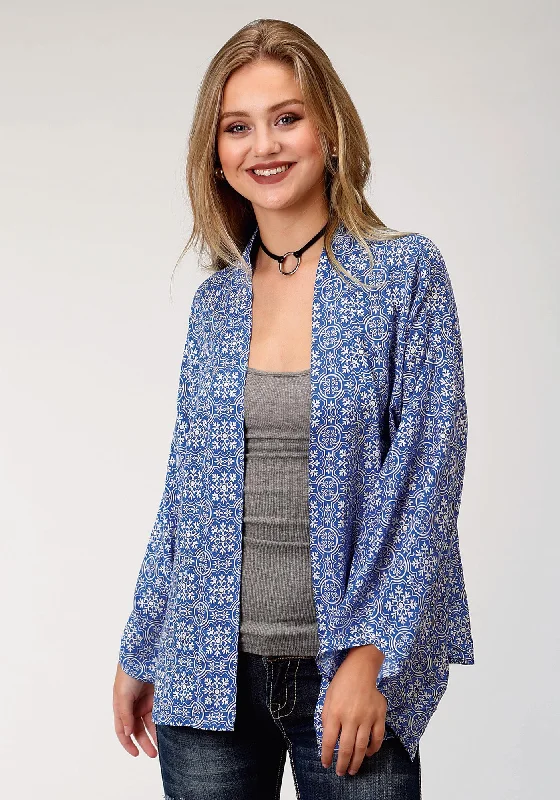 Comfortable Casual Women's Clothing Roper Womens Blue Rayon/Nylon Tile Print Cardigan