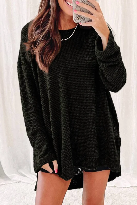 Charming Women's Clothes For Special Events Waffle Knit High Slits Long Sleeve In Black