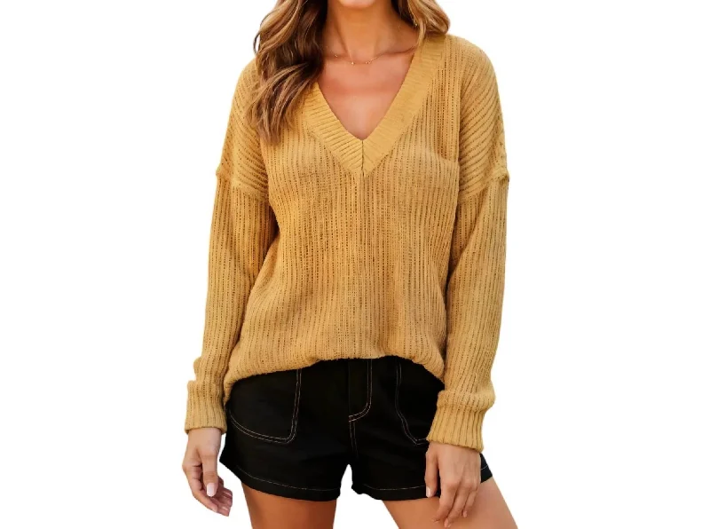 Women's Party Outfit Oversized V-Neck Knit Sweater With Ribbed Details In Brown