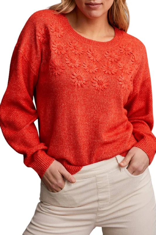 Women's Plus-Size Attire Crew Neck Sweater With Knit Floral Appliques In Crimson