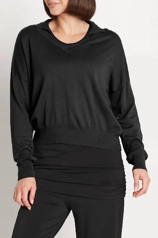 Women's Holiday Clothes Cotton Preppy V Neck Sweater In Black