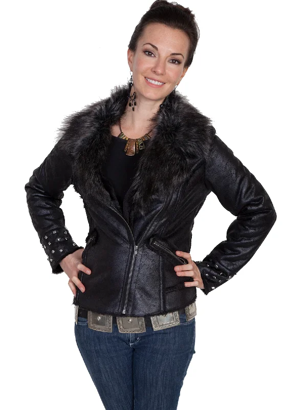 Affordable Women's Clothing Sale Online Scully Womens Black Faux Fur Motorcycle Jacket