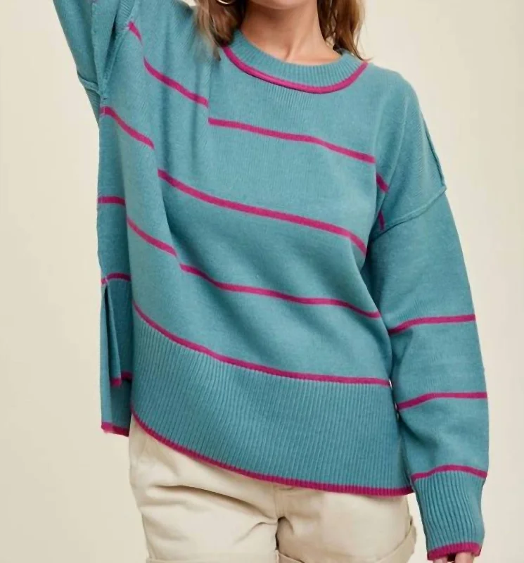 Women's Professional Clothes Striped Sweater In Teal & Magenta