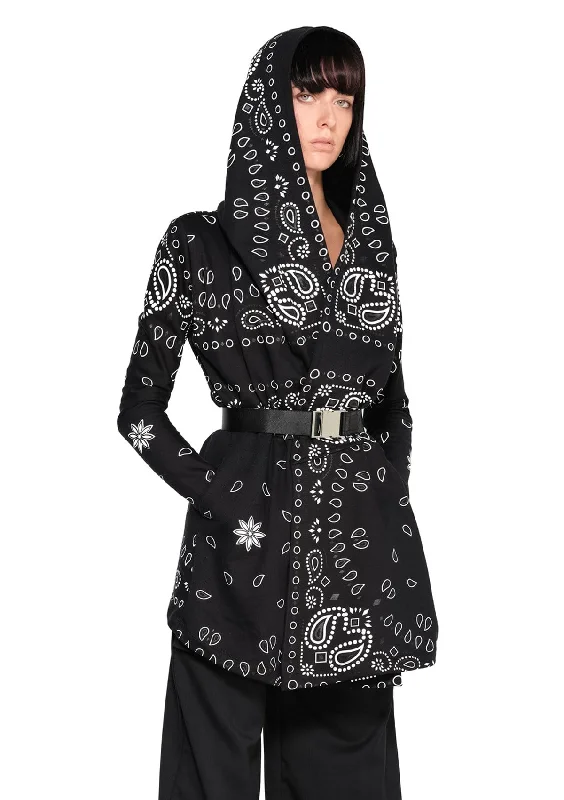 Trendy Women's Dresses Online DRAPED HOODIE IN BLACK BANDANA