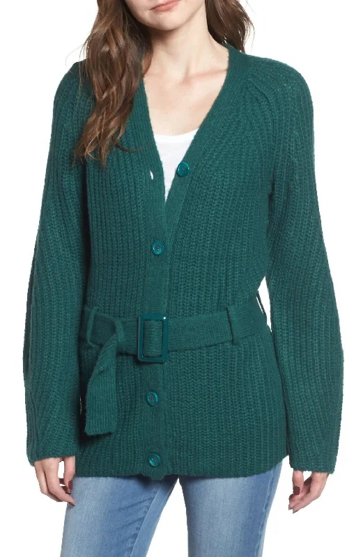 Women's Outdoor Attire Belted Rib-Knit Ladies Cardigan In Green