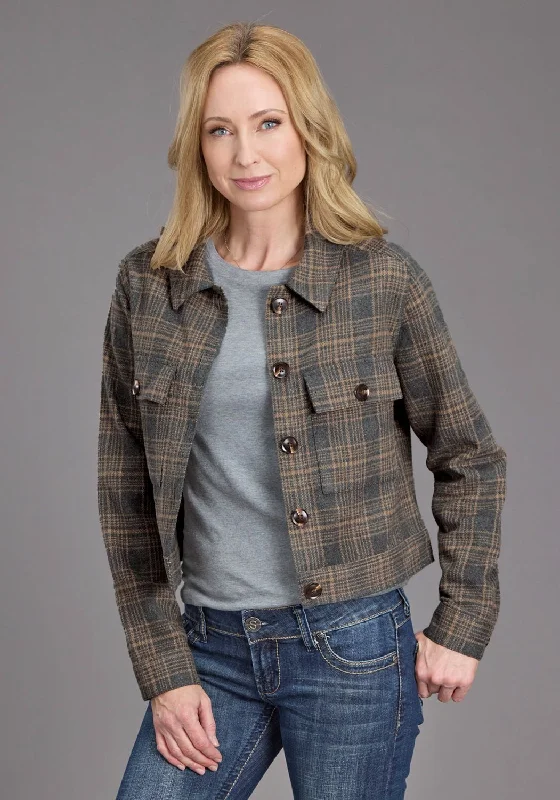 Casual Attire For Women Stetson Womens Plaid Blanket Collared Grey/Khaki Poly/Wool Jacket