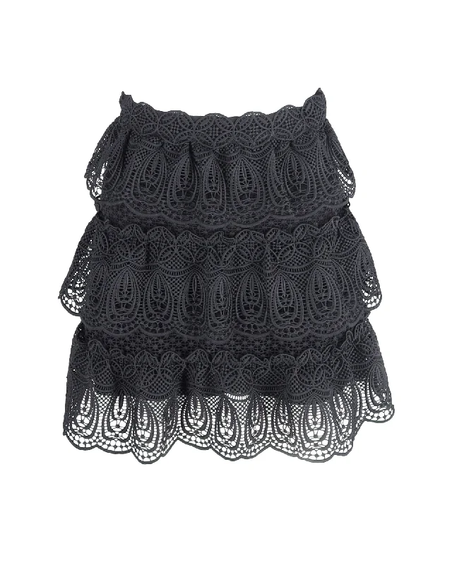 Sale On Clothing Self-Portrait Crochet A-Line Tiered Skirt in Black Polyester