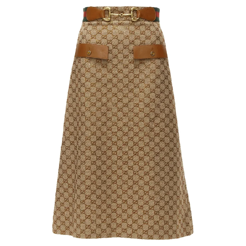 Women's Comfortable Apparel Gucci Aria GG monogram crystal leather horsebA-line midi skirt