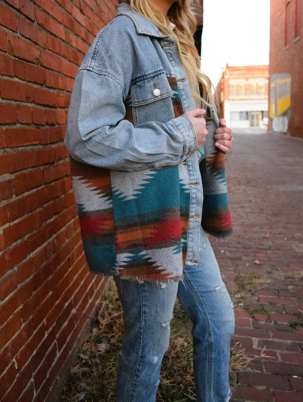 Women's Transitional Attire The Miranda Aztec Denim Shirt Jacket