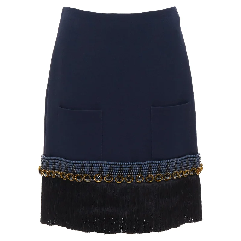 Women's Vintage Garments Marni Bead Crystal Fringe Embellished Hem Knee Skirt