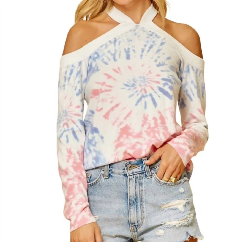 Women's Apparel And Garments Criss Cross Neckline Sweater In Tie Dye