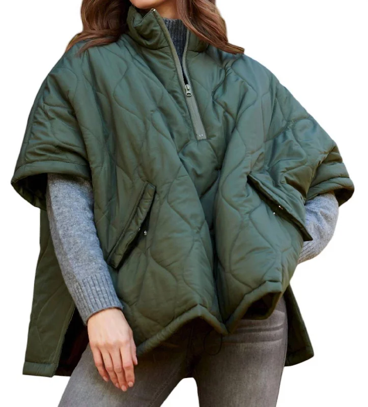 Women's Stylish Professional Garments Quilted Poncho In Forest Green