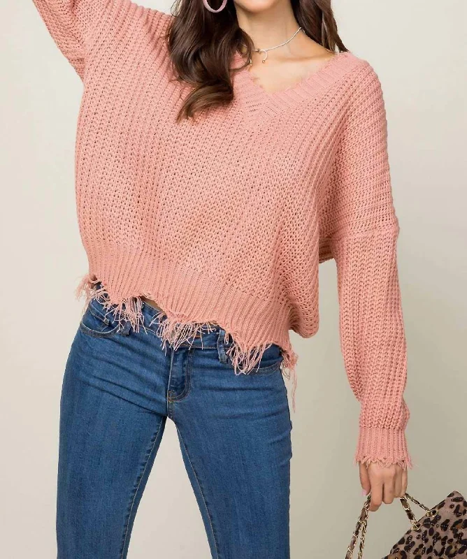 Women's High-Fashion Garments Frayed V-Neck Sweater In Terra Cotta