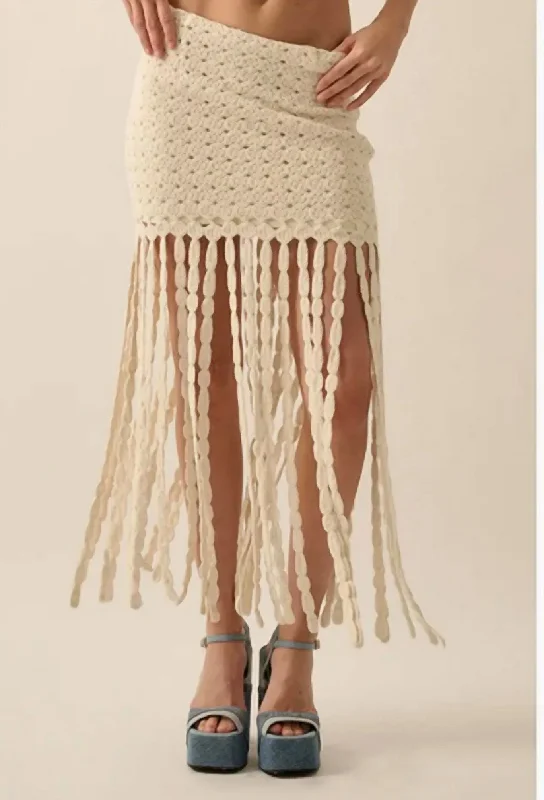 Holiday Special Offers Solid Crochet Eyelet-Knit Fringe Maxi Skirt In Off White