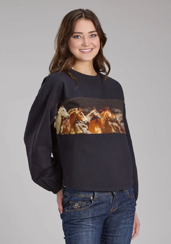 Casual Women's Clothing Roper Womens Running Horses Black 100% Cotton Sweatshirt