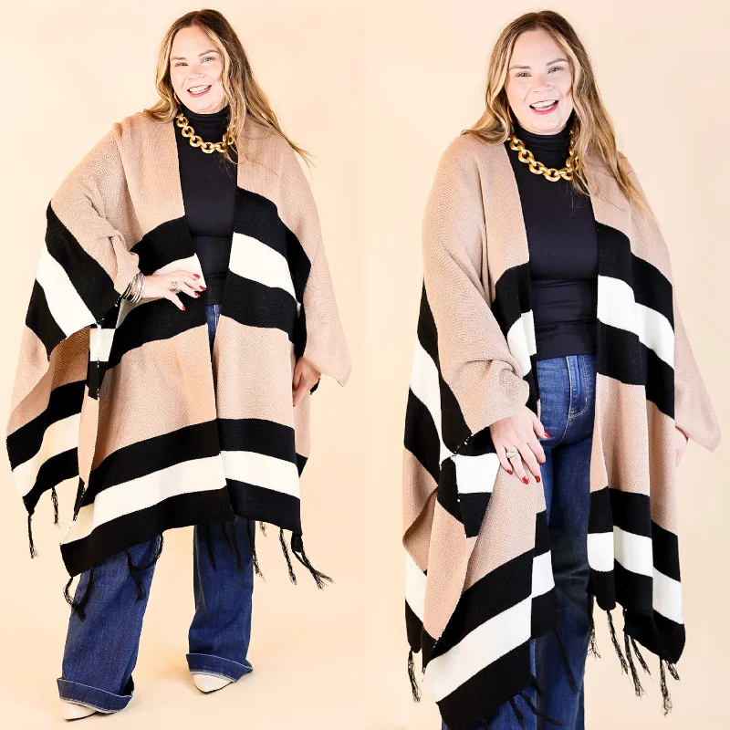 Women's Office Attire Warmest Wishes Striped Poncho Cardigan with Tassel Fringe in Mocha, Ivory, and Black