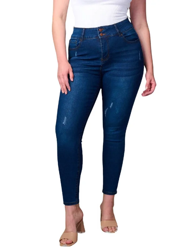 Comfortable Lounge Clothing Plus Size Button Closure Distressed Skinny Jeans In Blue