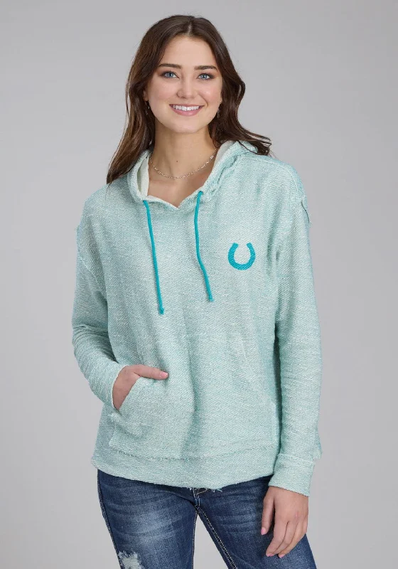 Plus Size Women's Fashion Roper Womens Knit Horseshoe Cream/Aqua 100% Cotton Hoodie