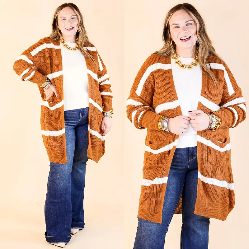 Women's Elegant Formal Outfit Time For Cozy Striped Long Sleeve Cardigan in Rust