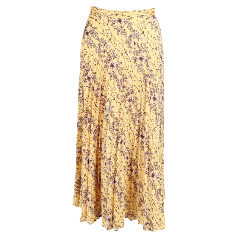 Affordable Women's Clothing Online Sandro Lilou Pleated Floral-Print Midi Skirt in Yellow Satin