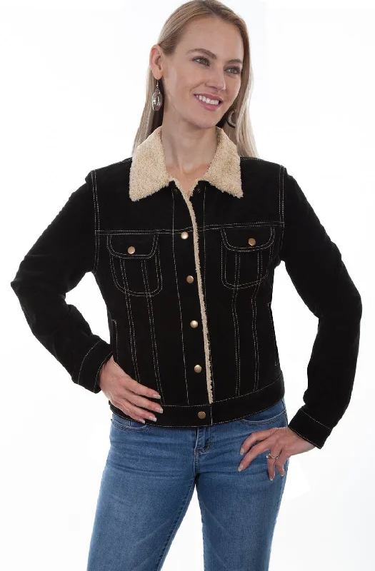 Bold and Elegant Women's Fashion Scully Womens Black Suede Boar Shearling Jacket M