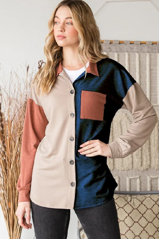 Sustainable Fashion Clothing For Women Full Size Color Block Button Down Shirt