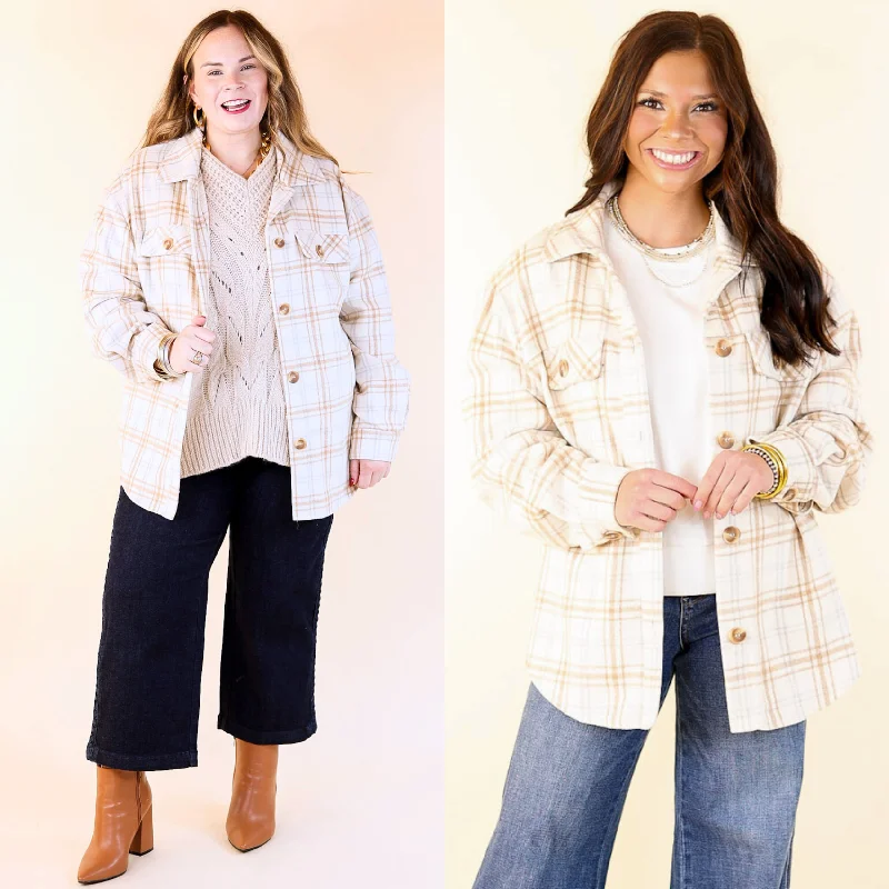 Women's High-Fashion Garments Endless Nights Button Up Plaid Shacket with Pockets in Ivory