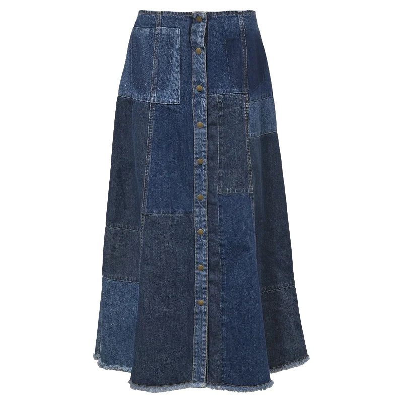 Women's Casual Wear Outfit McQ By Alexander McQueen Patchwork A-line Midi Skirt in Blue Denimalexande