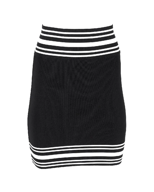 Women's Effortless Casual Outfit Balmain Striped Stretch Knit Mini Skirt in Black Viscose