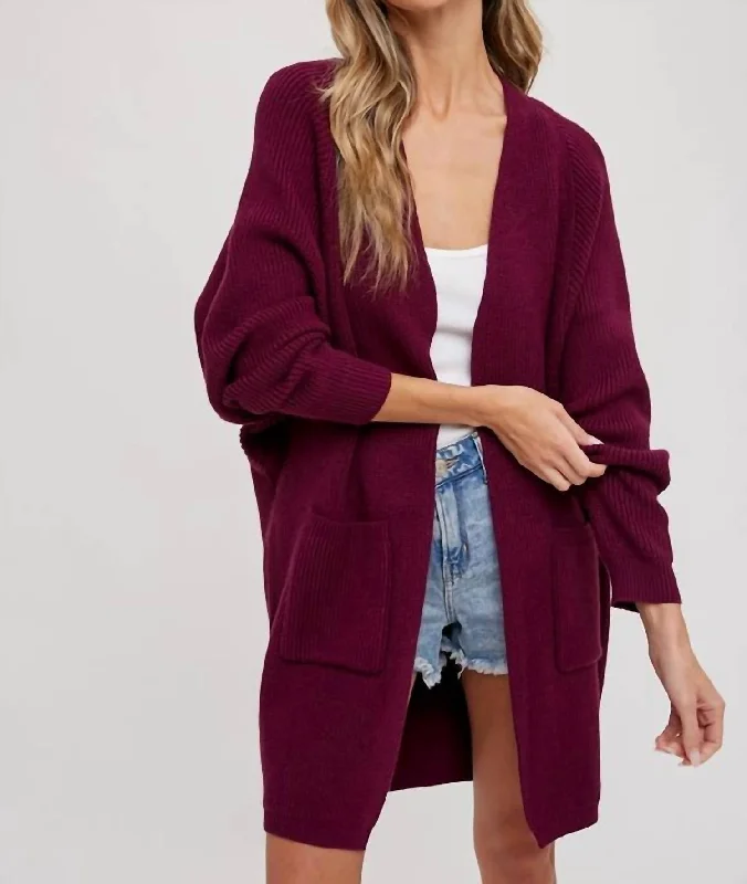 Women's Classic Outfit Open Front Batwing Sleeve Cardigan In Plum