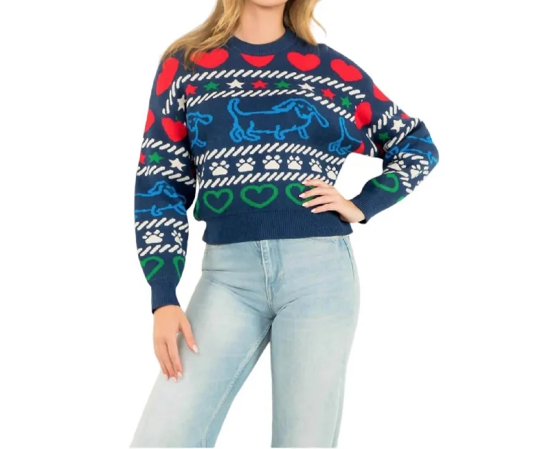 Affordable Women's Attire Fun Pattern Knit Crew Neck Sweater In Navy Blue