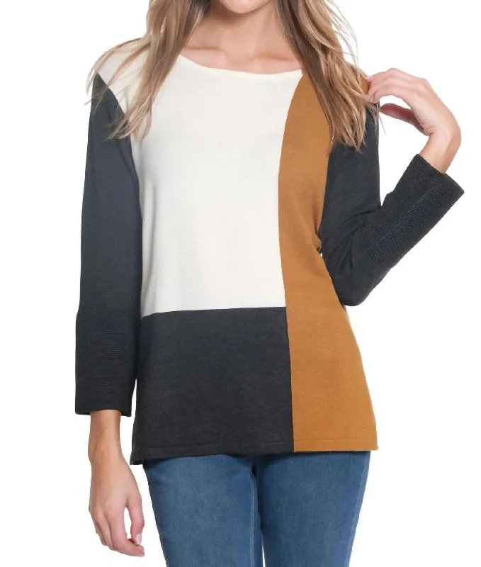 Women's Trendy Casual Outfit 3/4 Sleeve Jewel Neck Color Block Solid Sweater In Multi