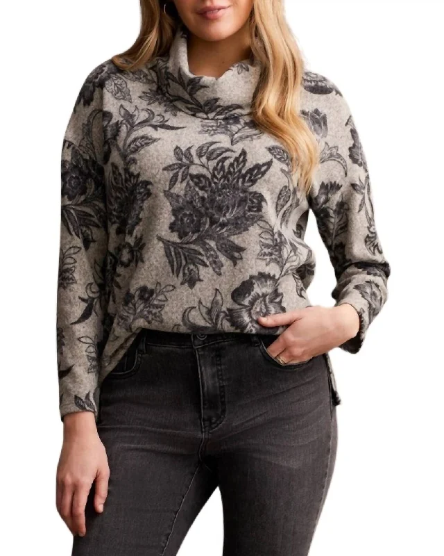 Chic Women's Attire Floral Drop Shoulder Cowl Neck Sweater In Gray