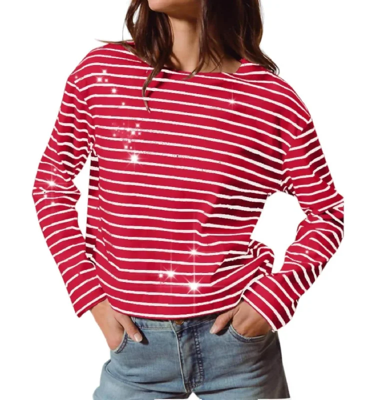 Women's Plus-Size Casual Outfit Sequins Striped Sailor Sweater In Red