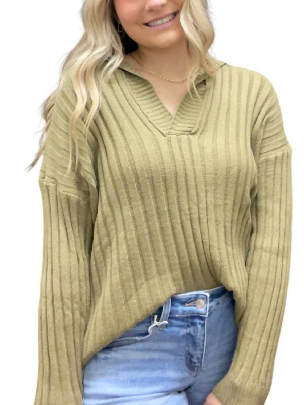 Women's Formal Apparel Collared Rib Knitted Sweater In Army Green