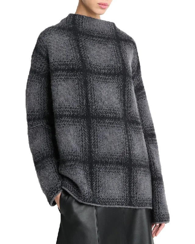 Versatile Women's Fashion Vince Shadow Plaid Funnel Neck Alpaca & Wool-Blend Sweater