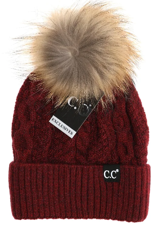 Women's Evening Clothing C.C Exclusive-Black Label Special Edition Ribbed Cuff Fur Pom Beanie- MULTIPLE COLORS