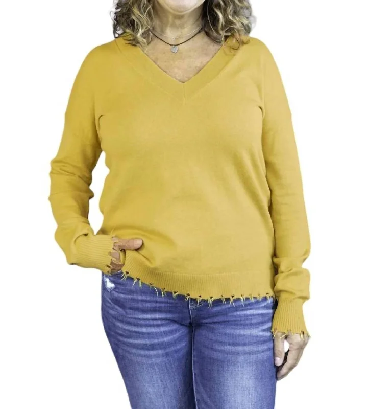 Women's Professional Attire Distressed V Sweater In Marigold