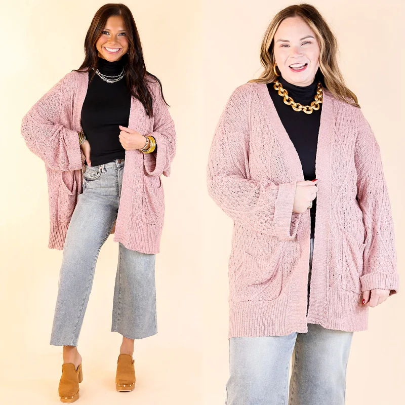 Fashionable Women's Outfit Fashionable Comfort Knit Cardigan with Pockets in Mauve