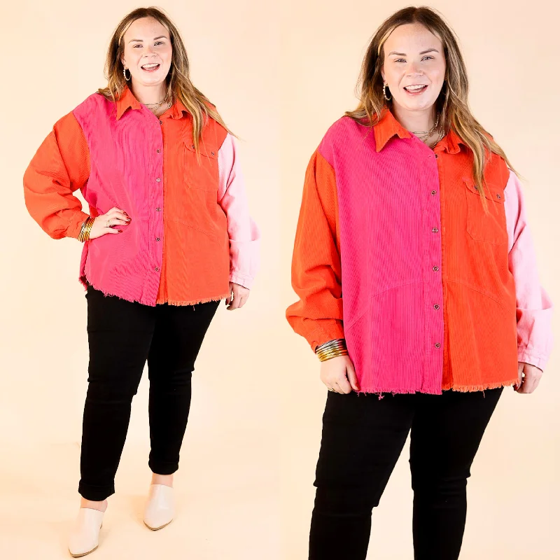 Women's Trendy Clothing Down The Street Color Block Corduroy Jacket in Pink and Red