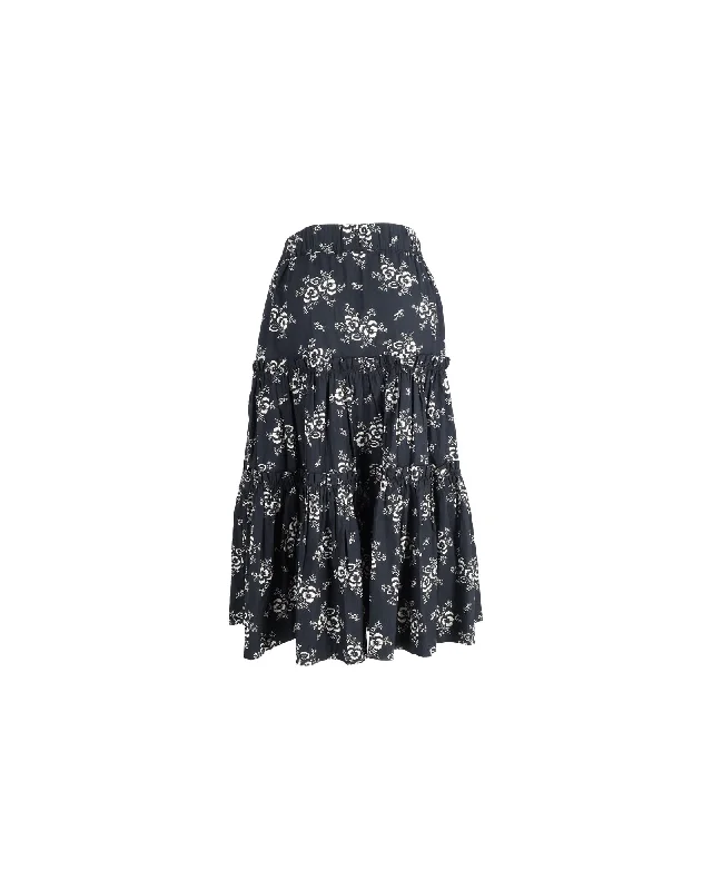 Clothing Brands Sea New York Alessia Tiered Floral Midi-skirt In Black Cotton