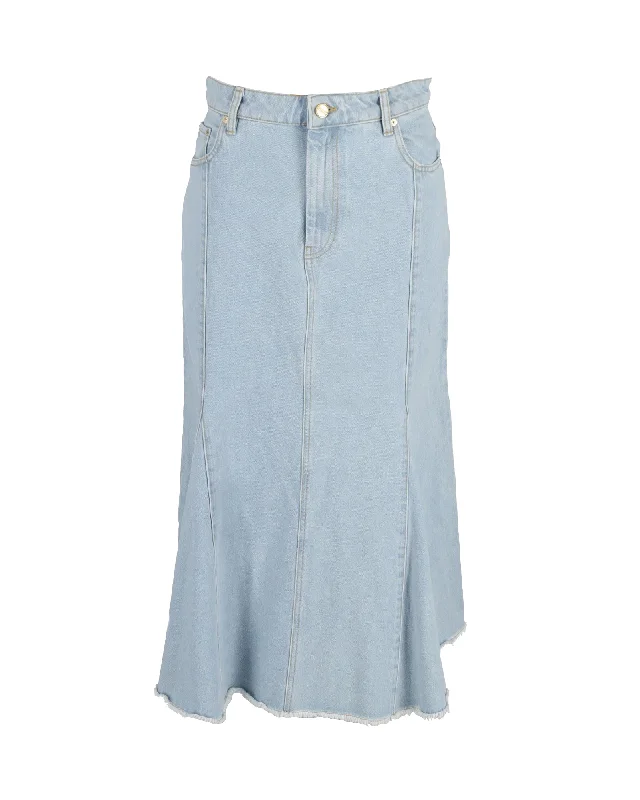 Online Boutiques Clothing Ganni Flared Midi Skirt in Light Blue Denim