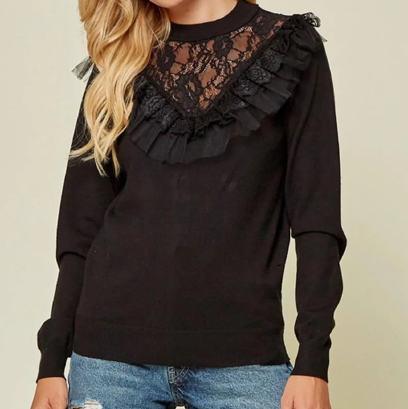 Modern Women's Outfit Lace Detail And Ruffle Sweater In Black