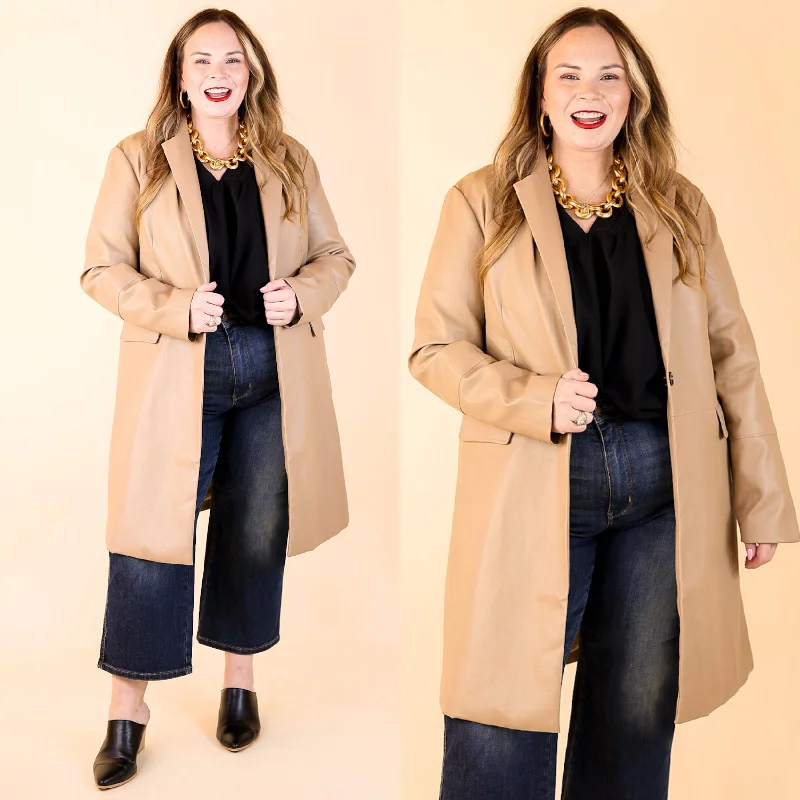 Women's Comfy Attire For Lounging Espresso Run Long Faux Leather Coat with Button Front in Taupe