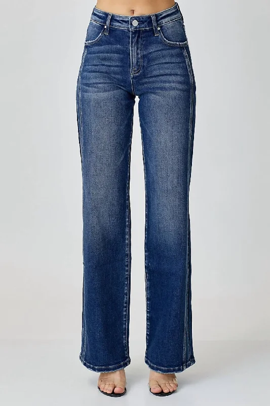 High-Fashion Women's Clothing Mid-Rise Straight Leg Jeans In Blue